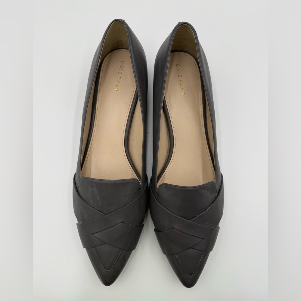 Cole Haan Camila Skimmer Grey/Taupe Leather Pointed Toe Weave Flats Size 11B - Picture 4 of 8